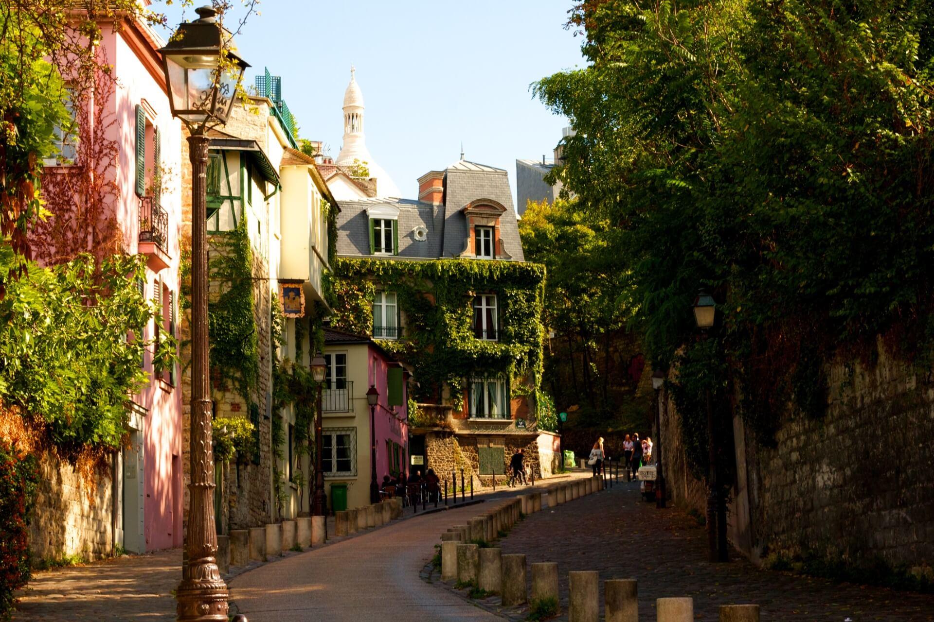 Alley with colorful houses in Montmartre, Paris