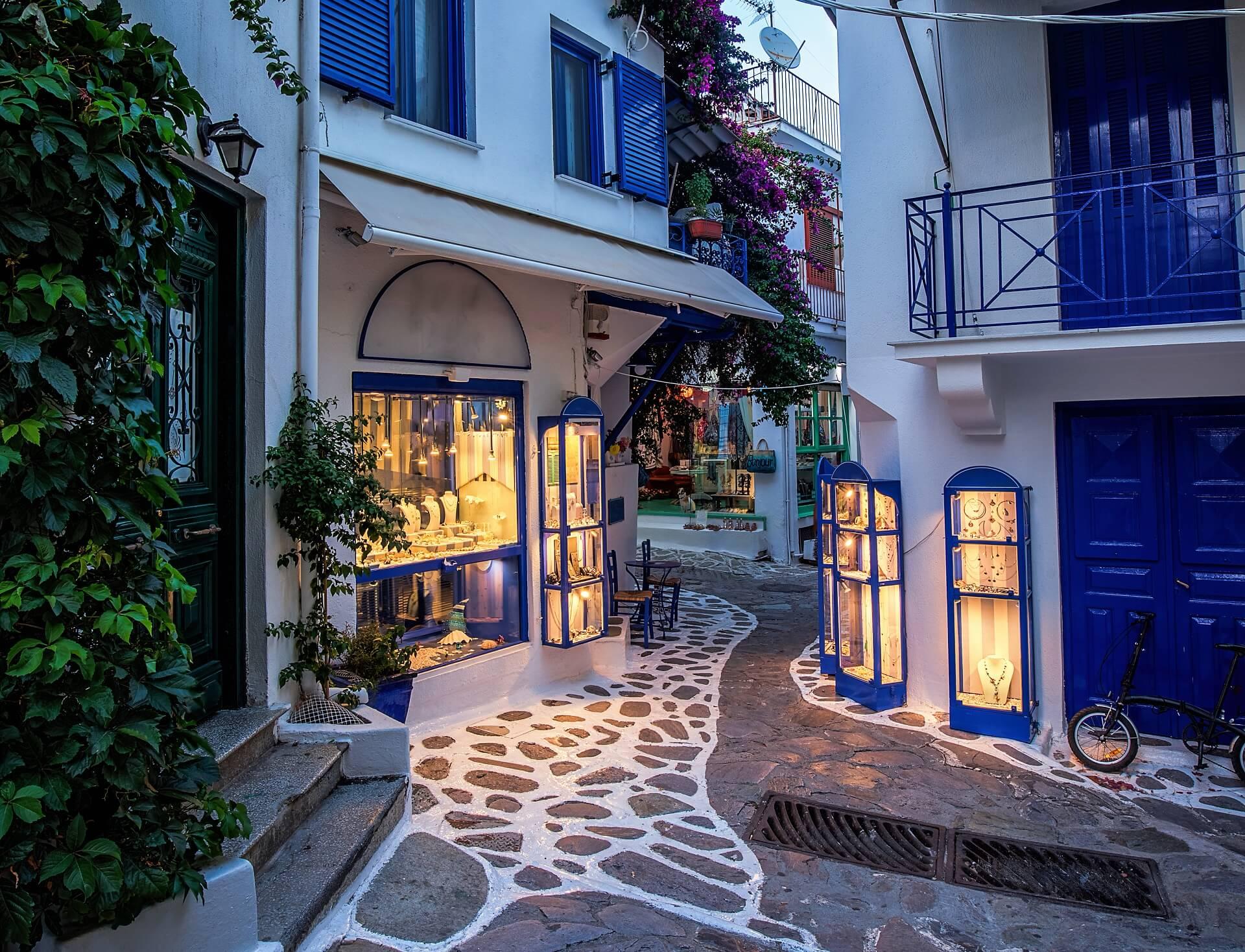 The narrow streets of Skiathos in Greece