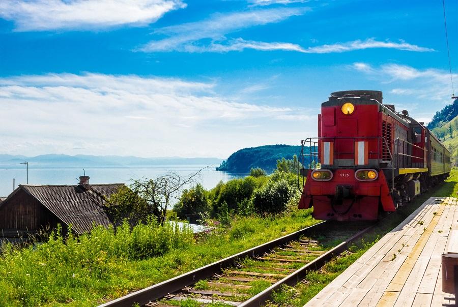 Trans-Siberian Railway at the village by the shores of Lake Baikal