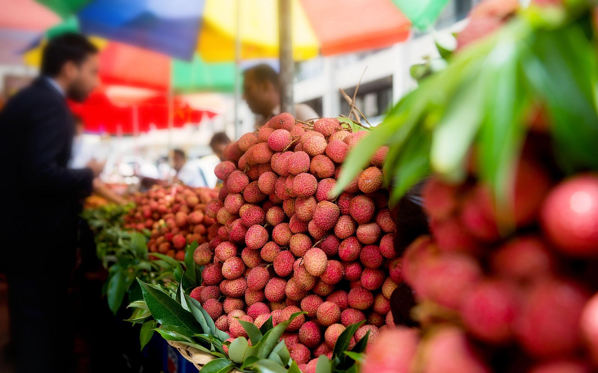 Fresh lychees in Mauritius