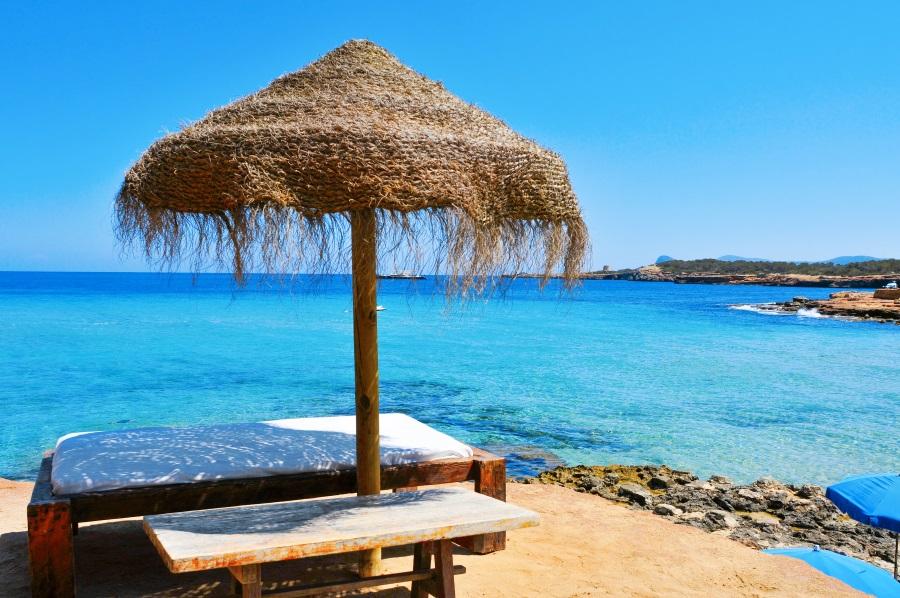 Relaxation zone on the beach at Cala Conta, Ibiza