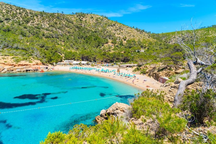 View of Cala Benirrás beach with turquoise water, Ibiza