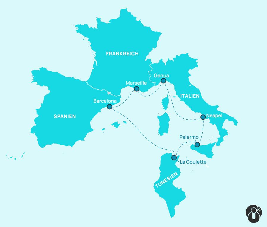 Map of a cruise route through Western Mediterranean