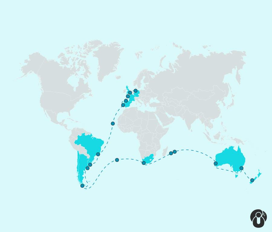 Map of a cruise route for a world trip