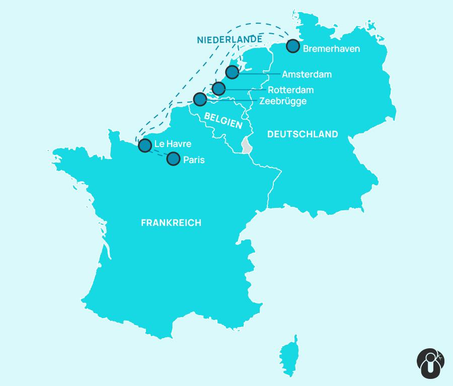 Map of a cruise route through Western Europe
