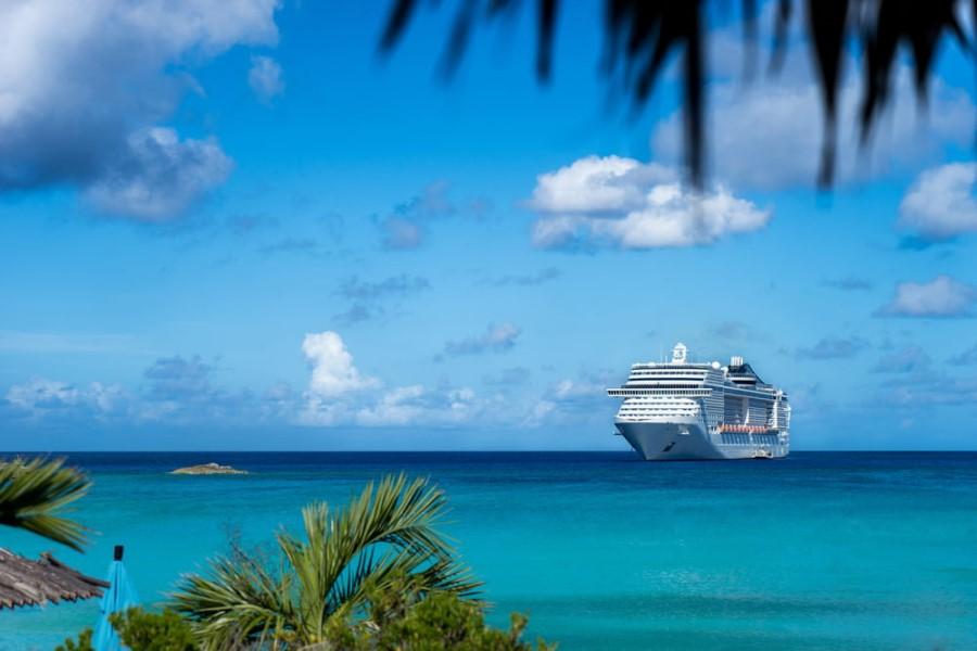 A large cruise ship sailing into the turquoise ocean, surrounded by clear blue skies with a few clouds. Palm trees and a beach umbrella frame the picturesque scene in the foreground.