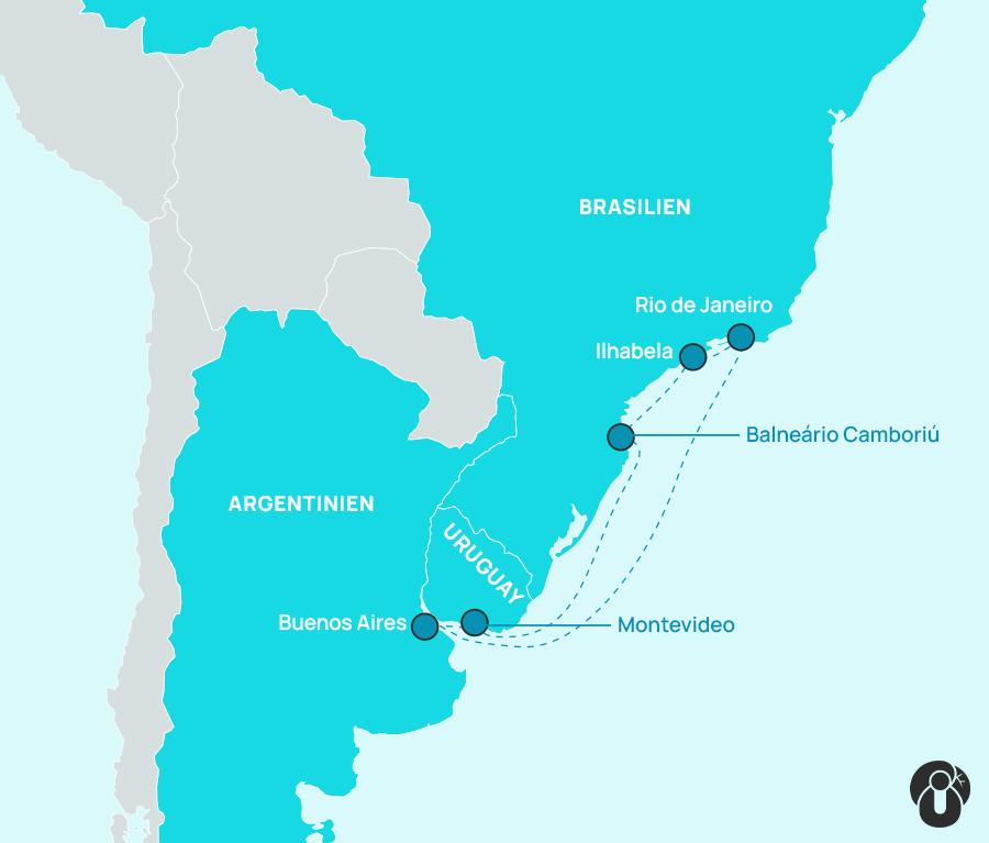 Map of a cruise route in South America