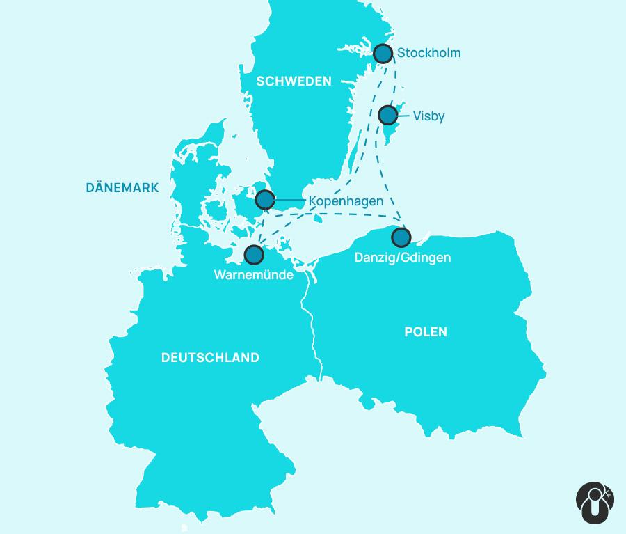 Map of a cruise route through the Baltic Sea