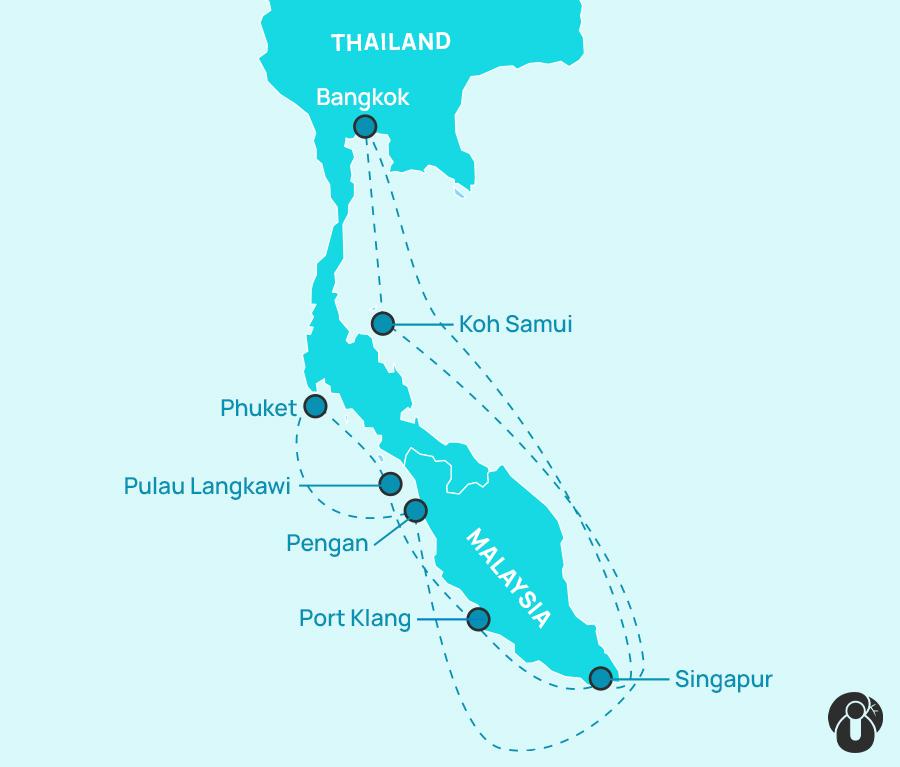 Map of a cruise route in Southeast Asia