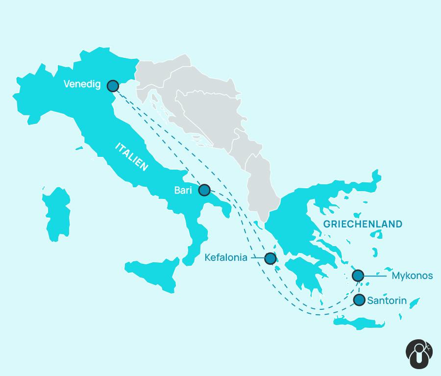 Map of a cruise route through the Eastern Mediterranean