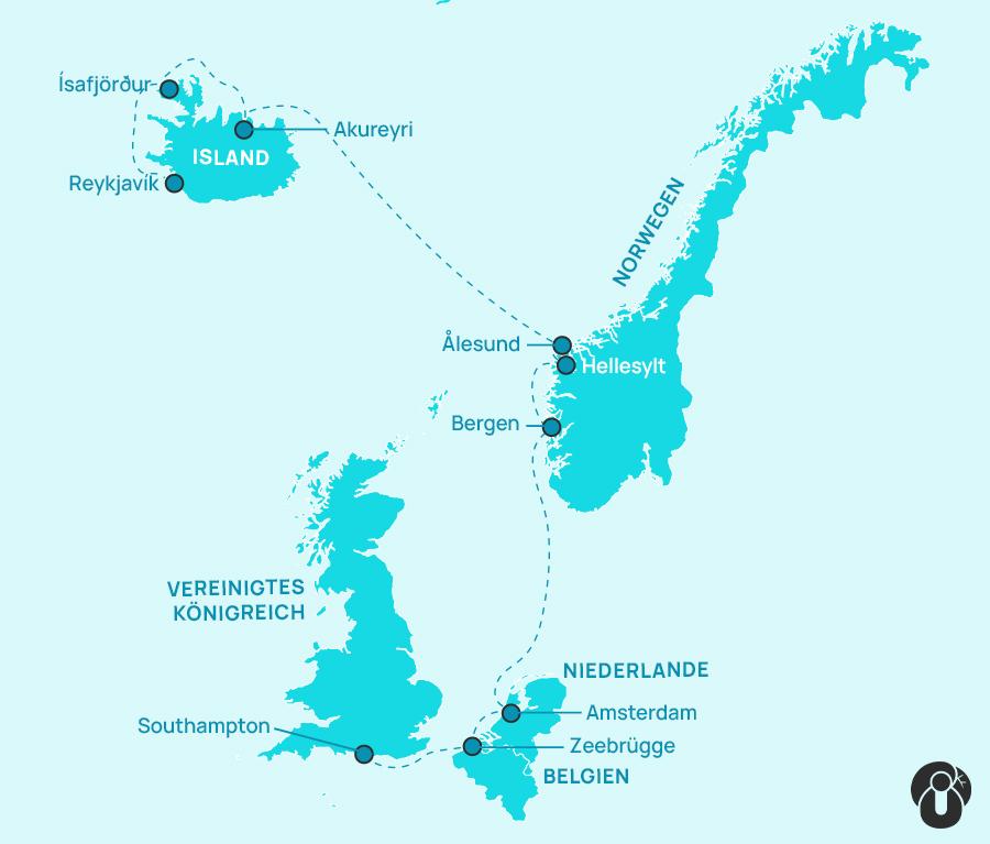 Map of a cruise route through Northern Europe