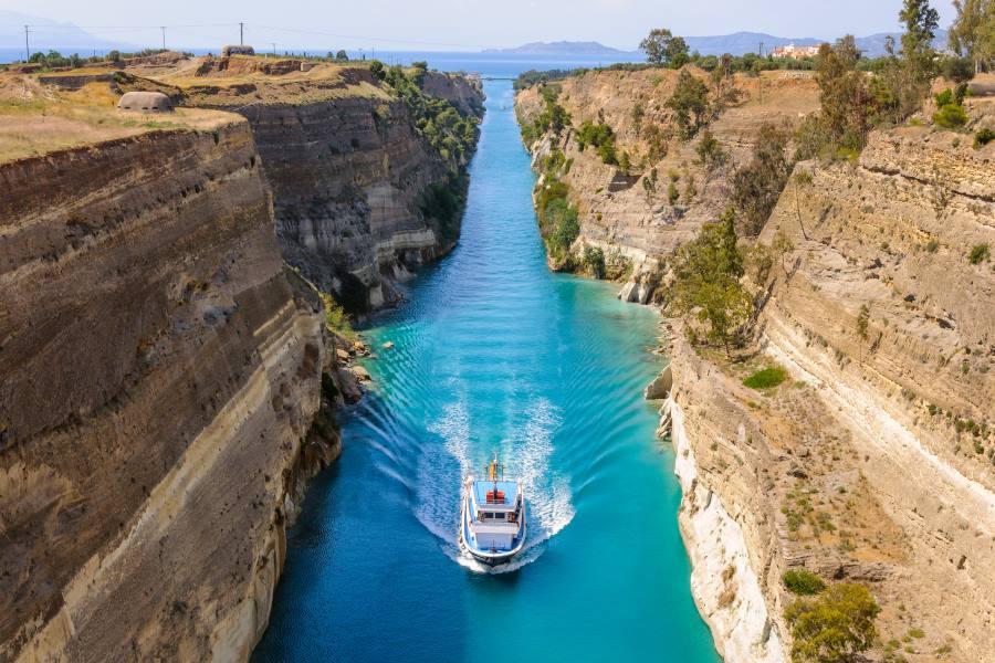 Ship passes through the Corinth Canal in Greece