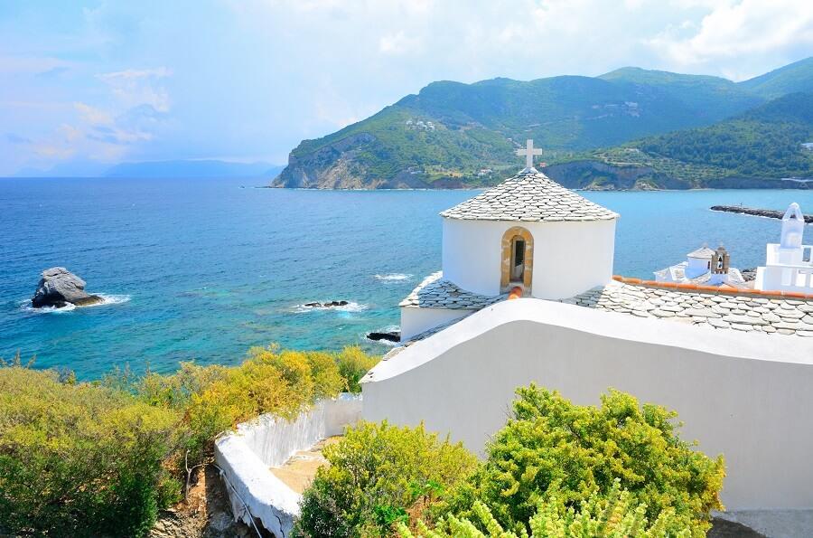 Beautiful white church overlooking Skopelos, Greece