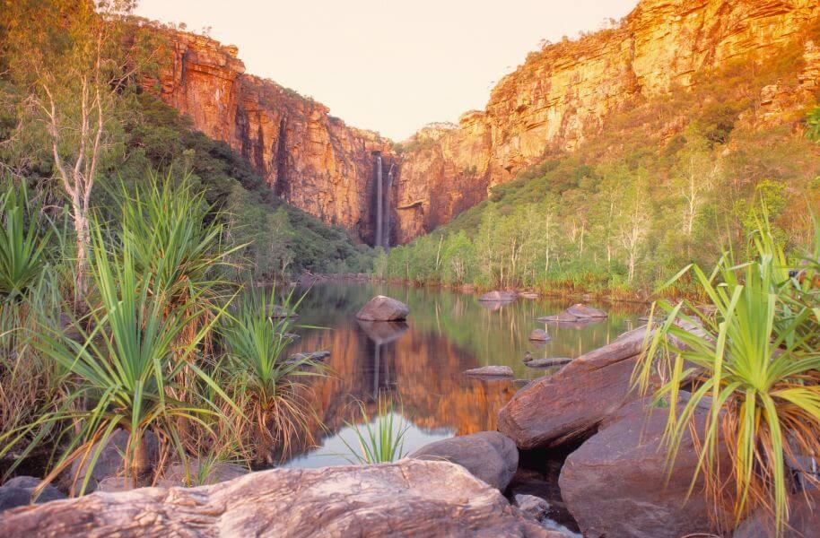 A clear river stretches through rocks, surrounded by dense greenery, with palm-like vegetation on both sides. In the background rises a steep cliff with a reddish-colored waterfall.