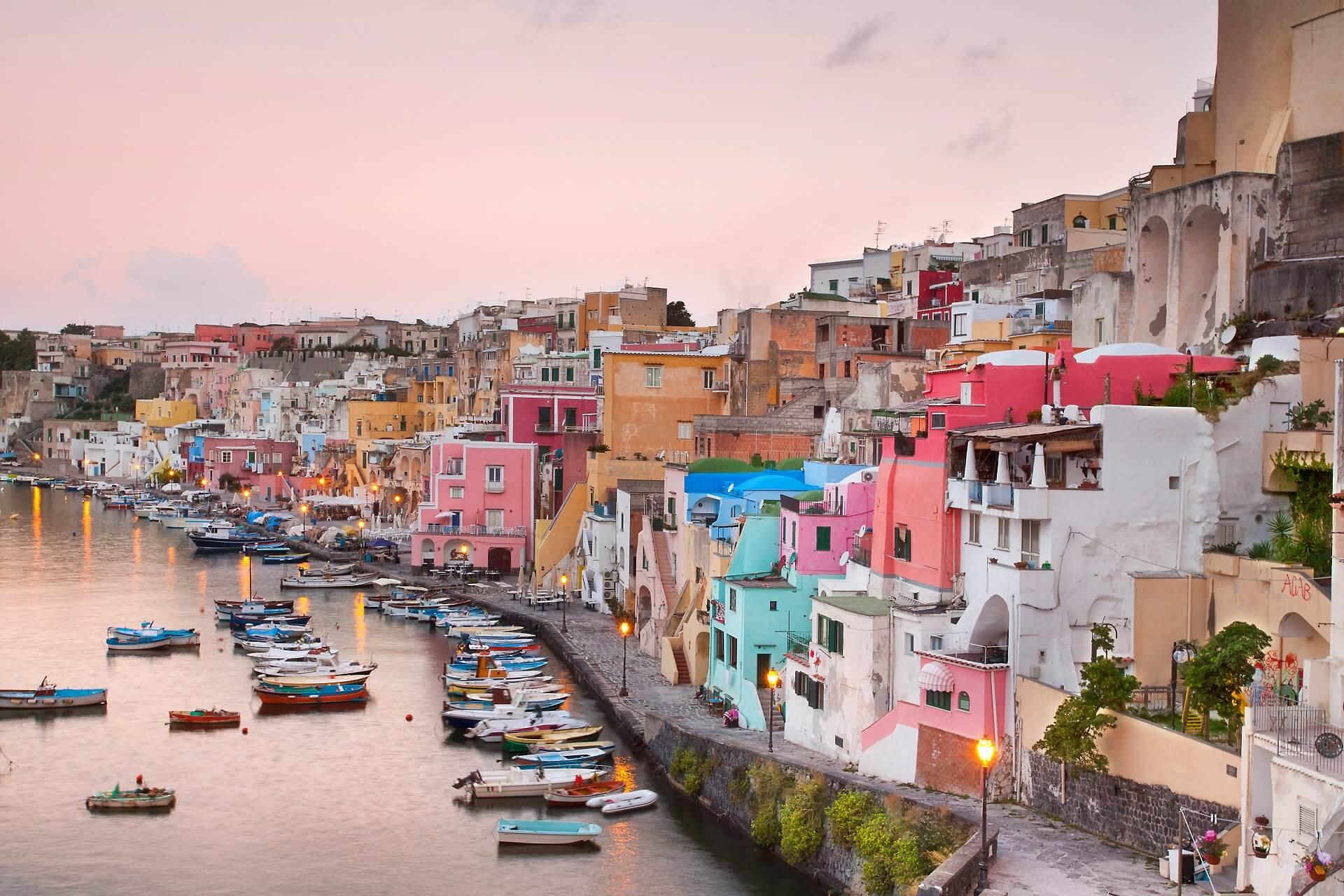 The harbor of Procida at sunset