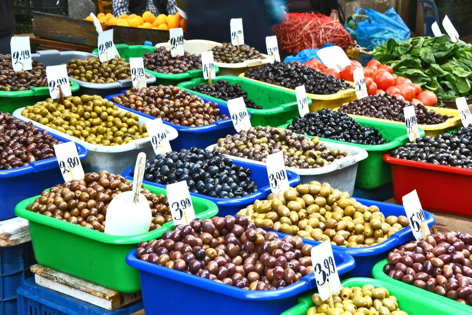 Small selection of olives at the Central Market in Athens