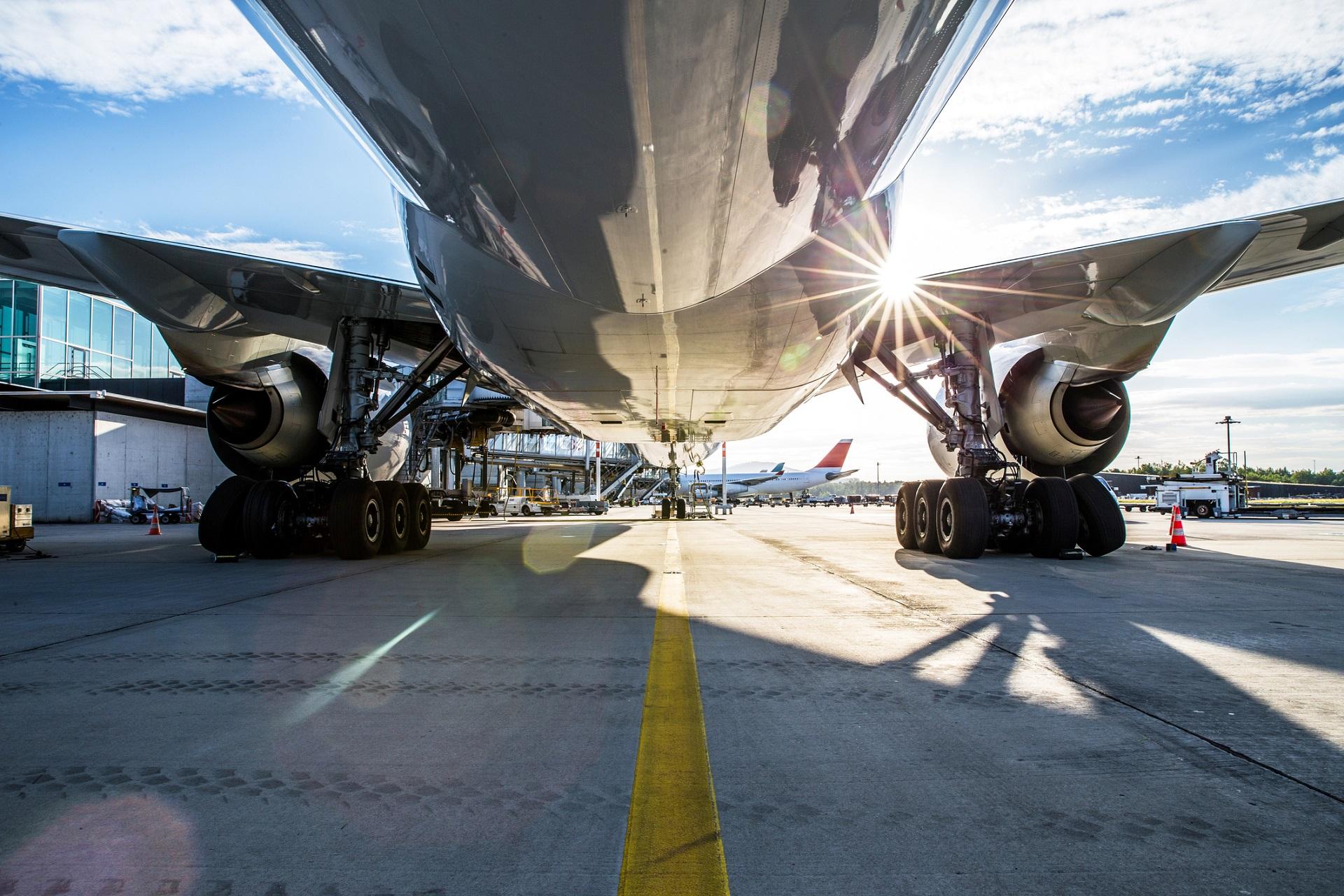 An airplane in the parked position