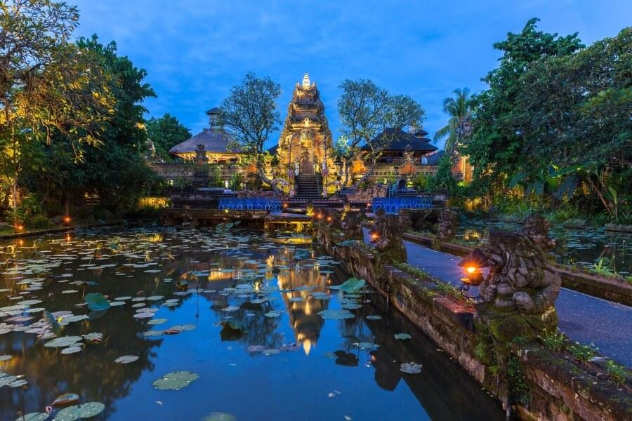 The Pura Saraswati Temple in the evening in Ubud, Bali.