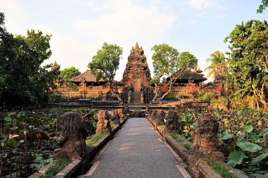 Ponds full of lilies line the path to the Saraswati Temple in Ubud, Bali.