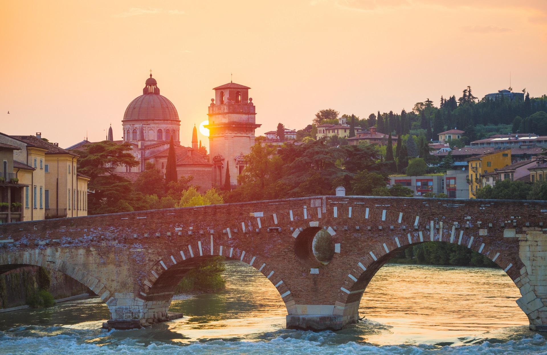 Ponte Pietra in Verona at Sunset
