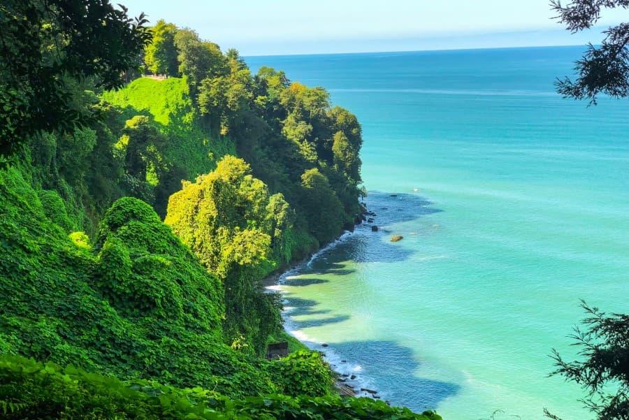 View from the botanical garden in Batumi to the coast of the Black Sea. On the right side, the turquoise water is visible, while on the left side, there is a densely green coastline.