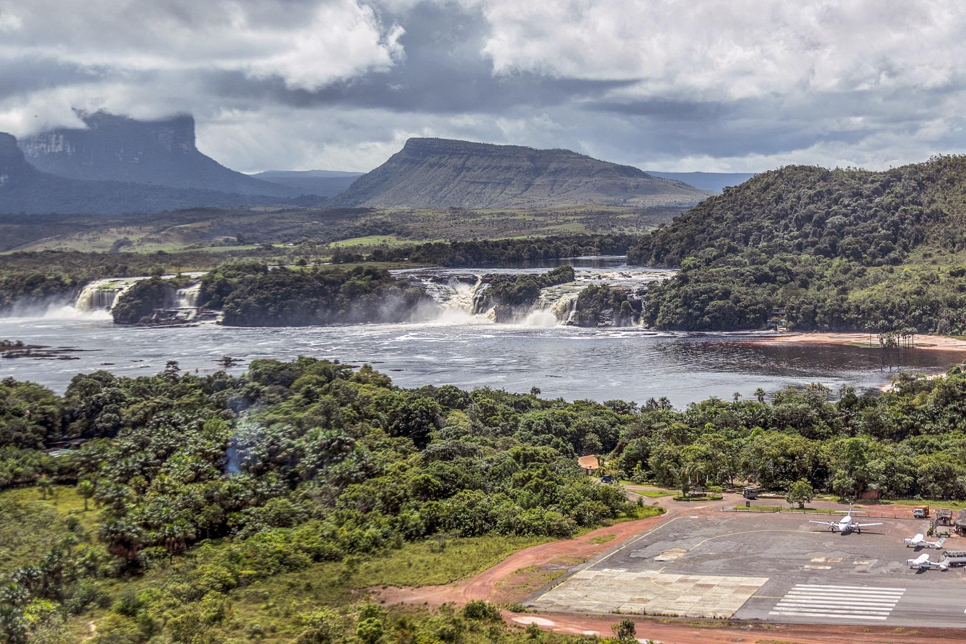 Canaima Airport at the lagoon with waterfalls in Venezuela, South America