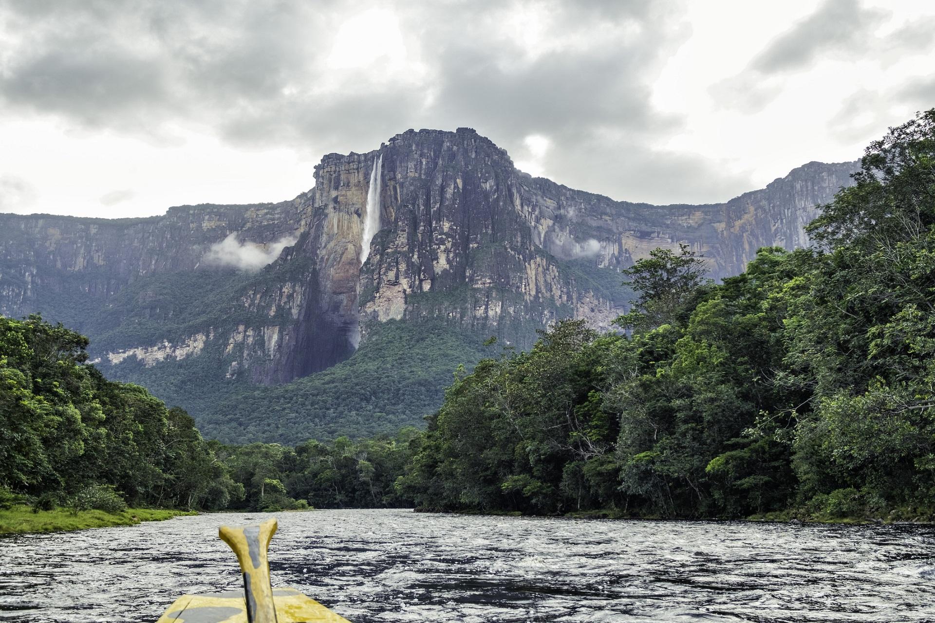 View of Angel Falls from Rio Carrao, Venezuela, South America