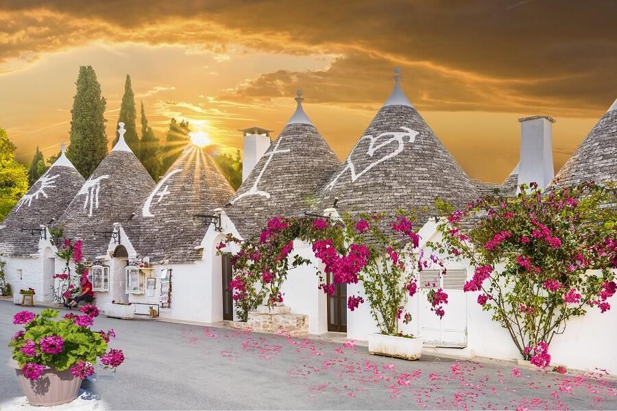 Trullis in Alberobello at sunset