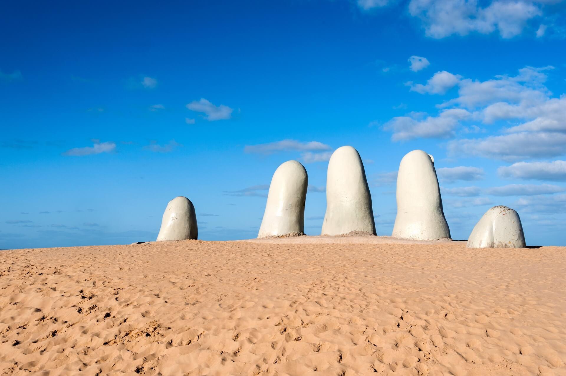 Los Dedos in Punta del Este, stone sculpture on the beach in Uruguay