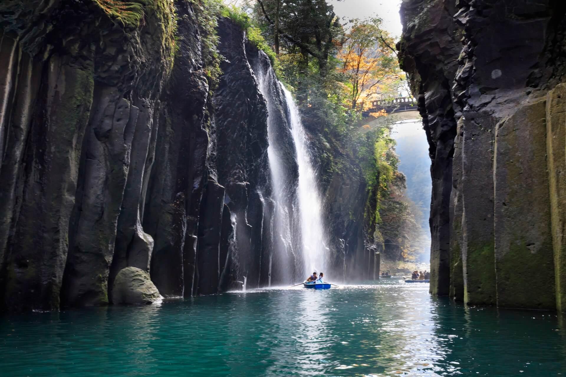 Small boats in the Takachiho Gorge on Kyushu in Japan.