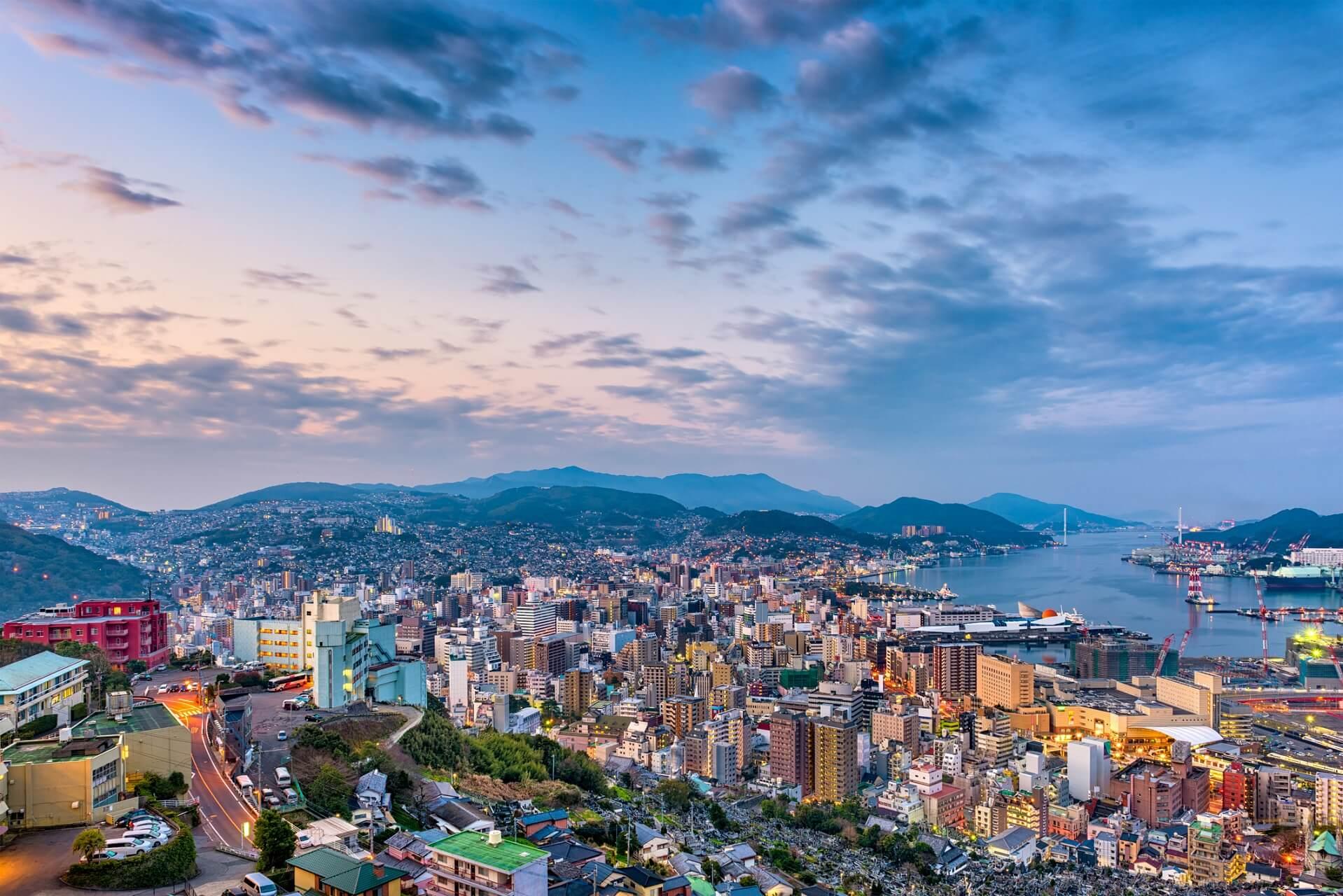 The houses of Nagasaki by the water on Kyushu in Japan.