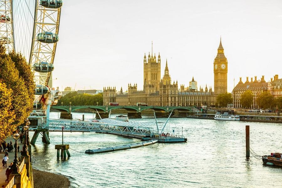Houses of Parliament, Big Ben, and London Eye in London, England