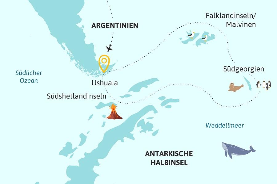 Graphic Antarctica: Map showing a cruise route from Ushuaia to the Falkland Islands, South Georgia, and the Antarctic Peninsula. Illustrations of animals and an airplane are along the route.