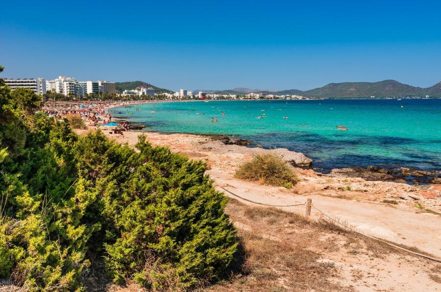 Panorama view to the coast of Mallorca island beach of Cala Millor resort Mediterranean Sea Spain.