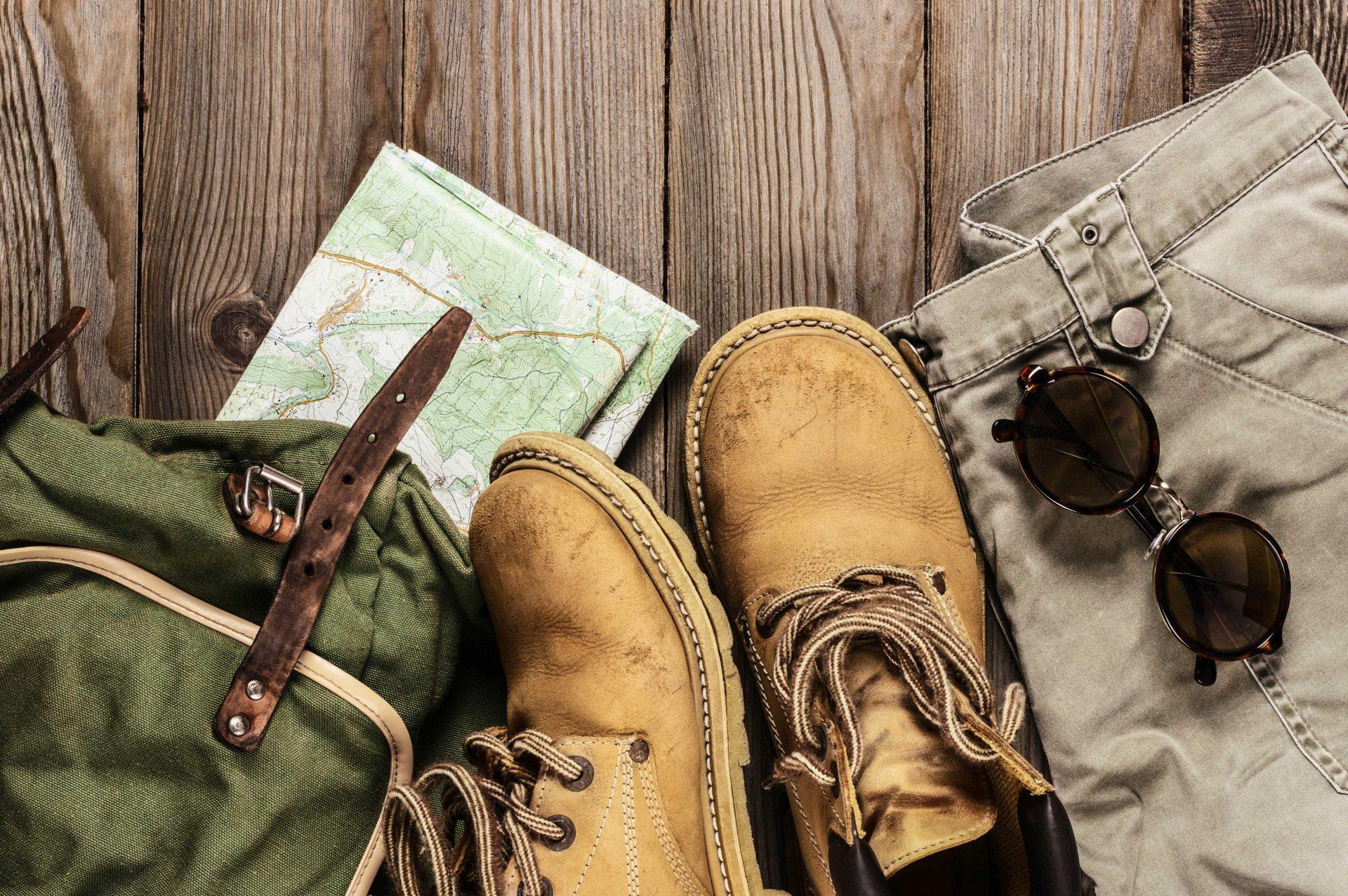 Hiking shoes and a map