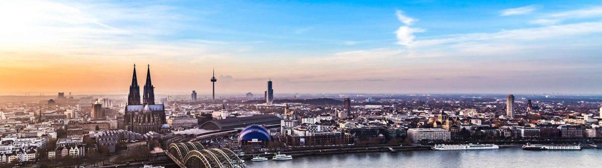 Aerial view of Cologne during sunset.