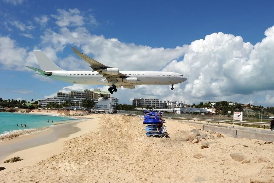 Plane over Maho Bay in St. Maarten