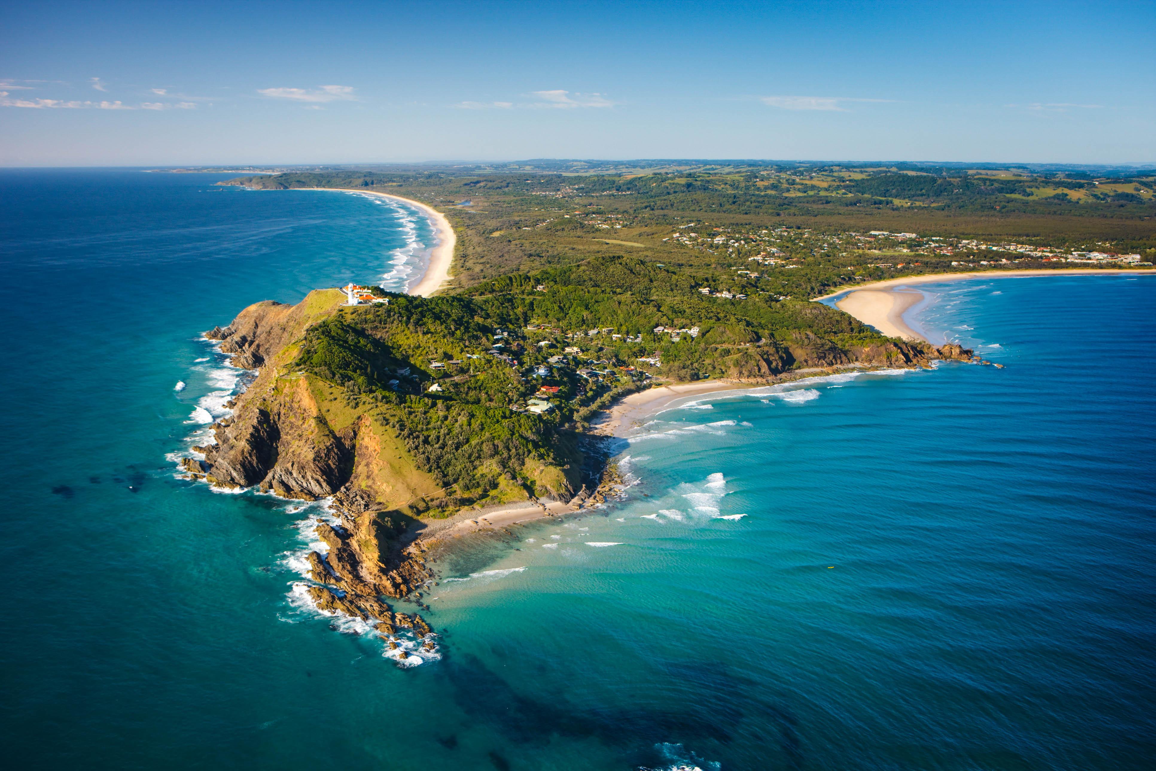 Byron Bay from above at sunrise, panorama, Australia