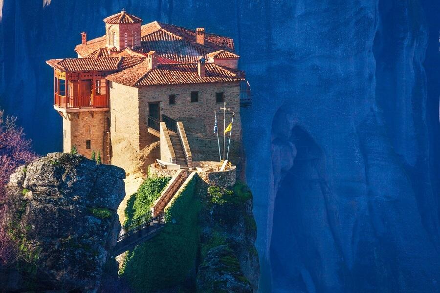 Close view of the Holy Rousanou Monastery on the cliff in Meteora Mountains, Greece