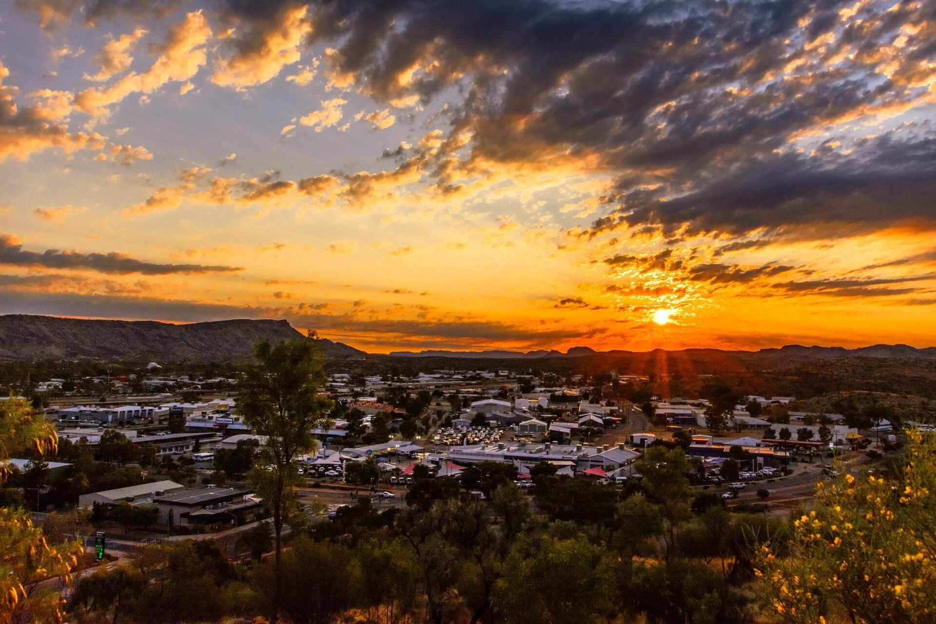 Sunset over Alice Springs in the Outback of the Northern Territory in Australia.