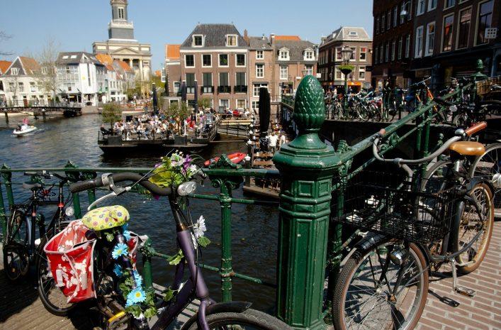 Bicycles on a bridge in Leiden, Netherlands
