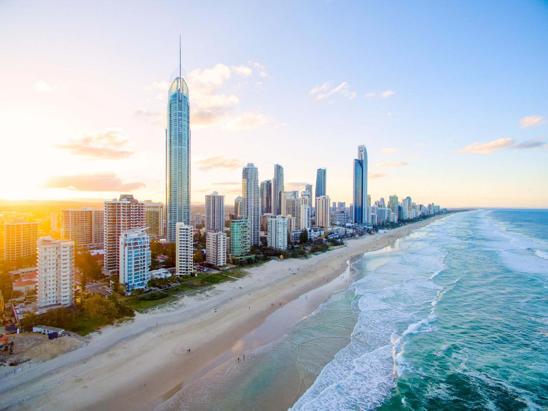 Skyscrapers by the beach in Surfers Paradise on the Gold Coast, East Coast of Australia.