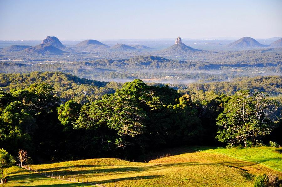 Misty Glasshouse Mountains from Maleny