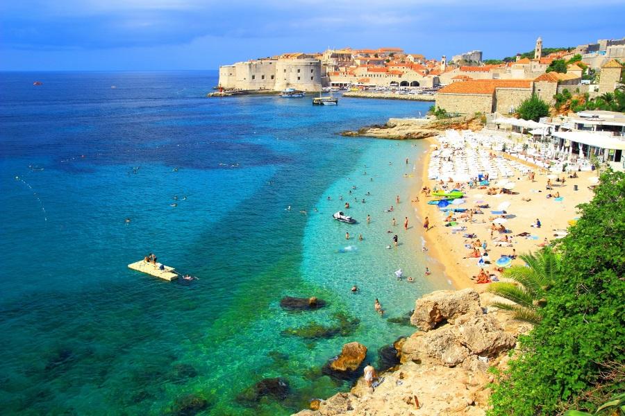 Banje Beach and panoramic view of Dubrovnik Old town