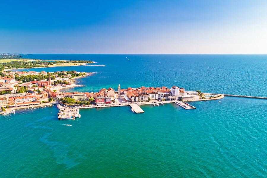 Panoramic view of the beautiful port city of Umag in Croatia.