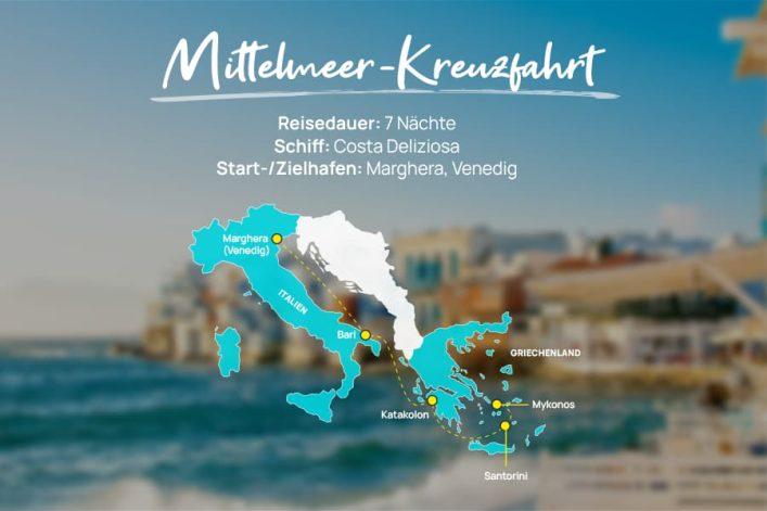 Graphic Mediterranean Cruise. Duration: 7 nights. Ship: Costa Deliziosa. Departure/Arrival Port: Marghera, Venice