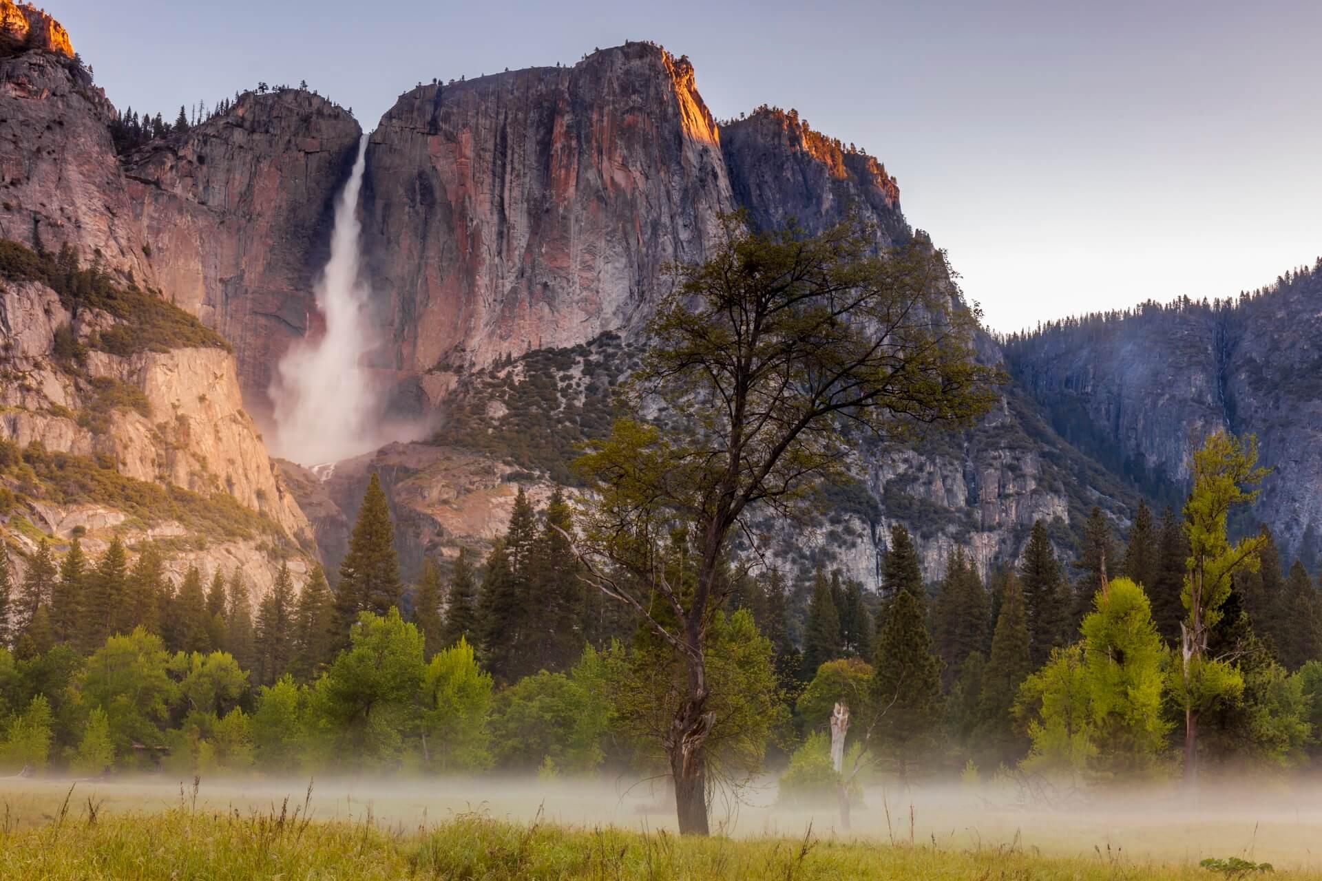 A large waterfall cascades between two steep rock walls. In the foreground, green trees and a single tree in a misty meadow. The sun illuminates the rock walls.