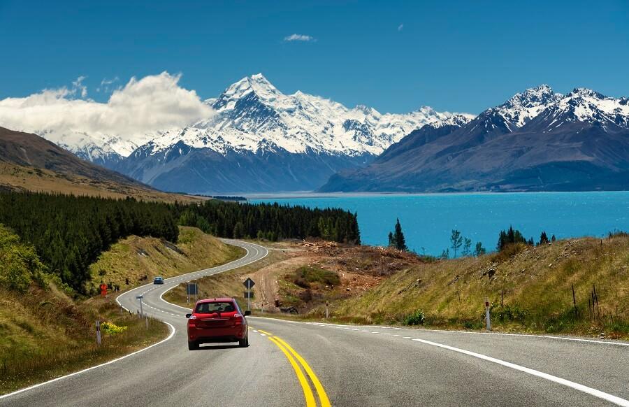 Car in front of Mount Cook in New Zealand