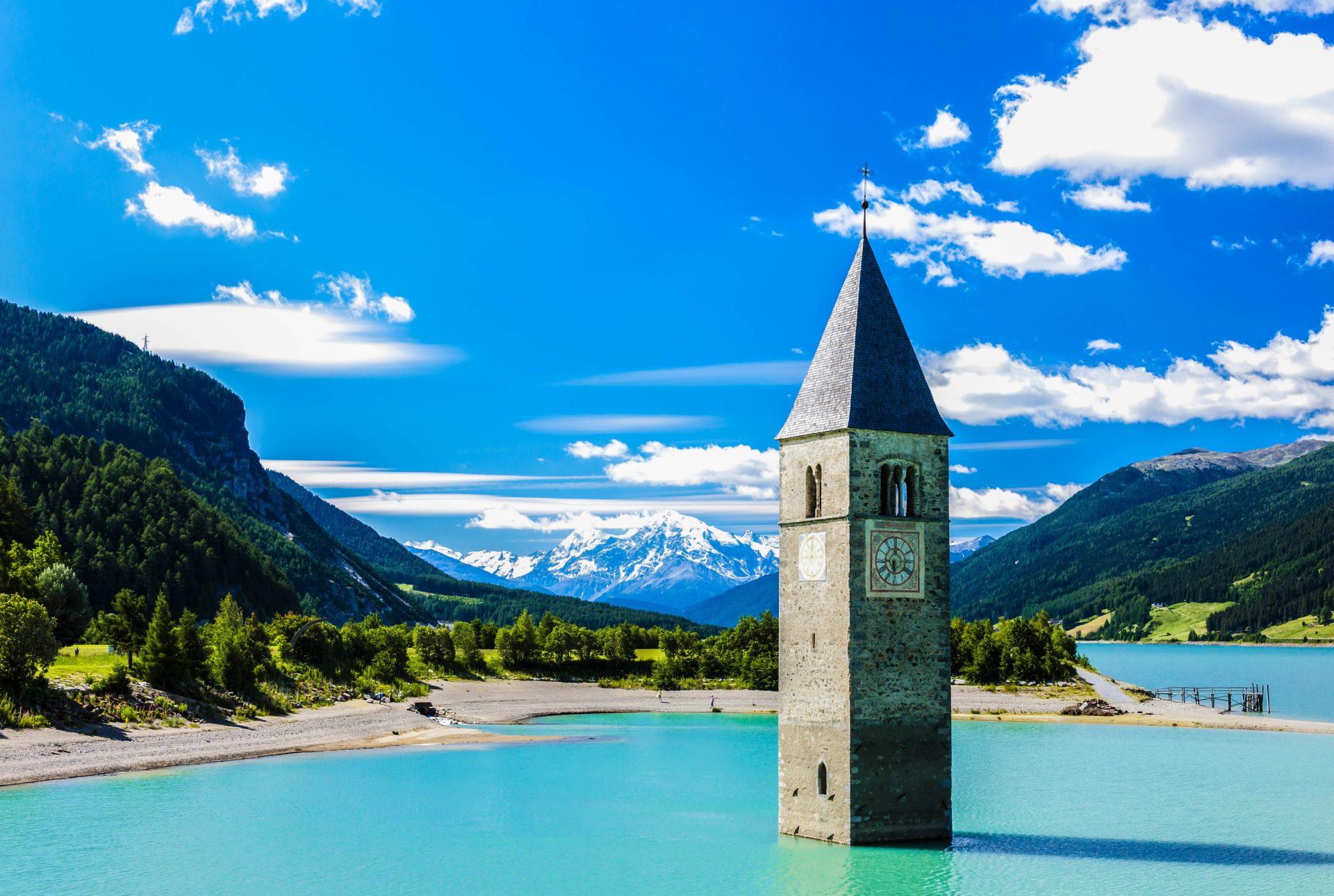 A church tower in the middle of Reschensee in South Tyrol