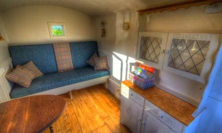 Interior of the Shepehrd’s Hut cottage by Glamping Under Stars, Wales